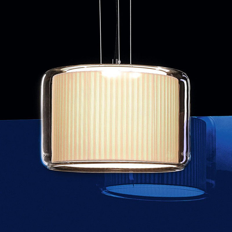 Gathered Fabric Drum Pendant Lamp: Modern Beige 1-Light With Transparent Glass Shade