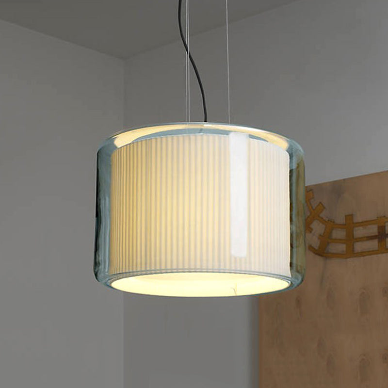 Modern Beige Fabric Drum Pendant Lamp with Glass Shade - 1 Light