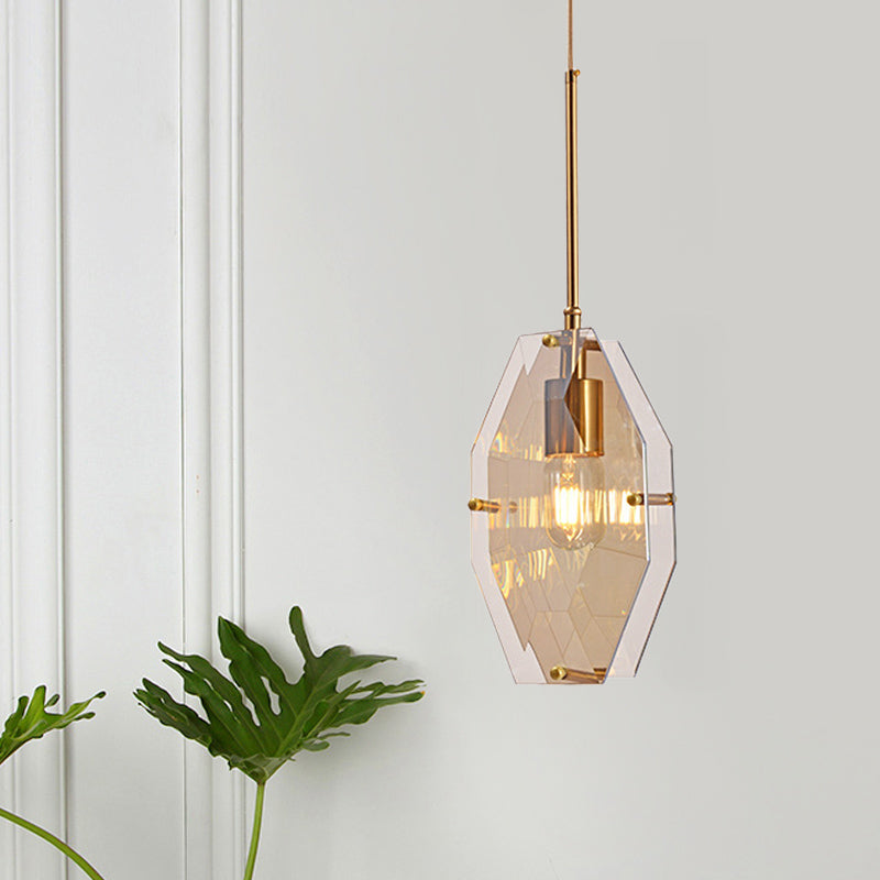 Mid-Century Amber Glass Pendant Light - Double Diamond Sheet Ceiling Hanging Lamp With Brass Finish