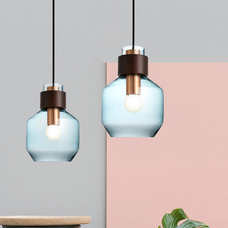 Blue Glass Bottle Pendulum Light - Retro Style Hanging Pendant With Wood Ring Lock