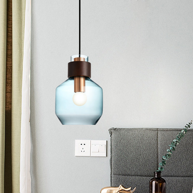 Retro Single Hanging Pendant Light: Blue Glass Bottle with Wood Ring Lock
