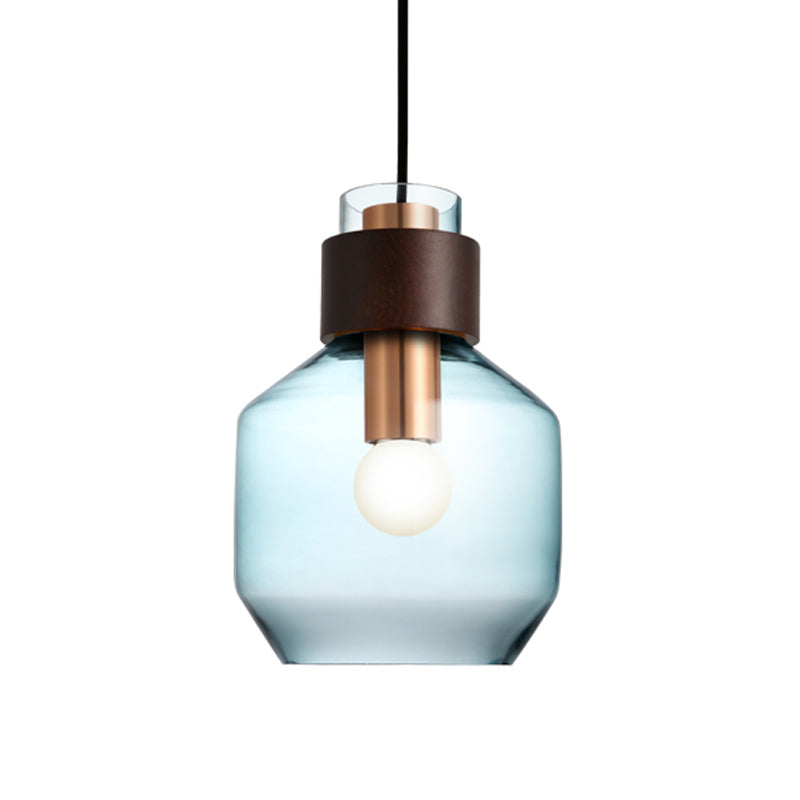 Retro Single Hanging Pendant Light: Blue Glass Bottle with Wood Ring Lock