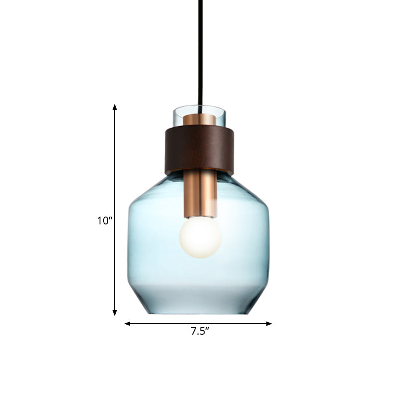 Blue Glass Bottle Pendulum Light - Retro Style Hanging Pendant With Wood Ring Lock