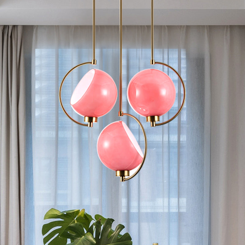 Macaron Pink Hand Blown Glass Hanging Pendant Light Kit - Curved Arm, 1 Head Bedside Drop Design
