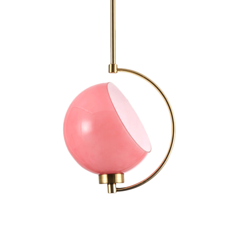 Macaron Pink Hand Blown Glass Hemispherical Hanging Light Kit - 1 Head Bedside Pendant