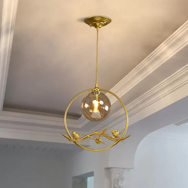 Mid-Century Brass Ring Pendant Ceiling Lamp with Amber/Smoke Grey Glass Shade and Bird Deco