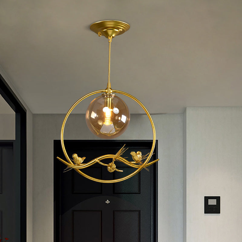 Mid-Century Brass Ring Pendant Ceiling Lamp with Amber/Smoke Grey Glass Shade and Bird Deco