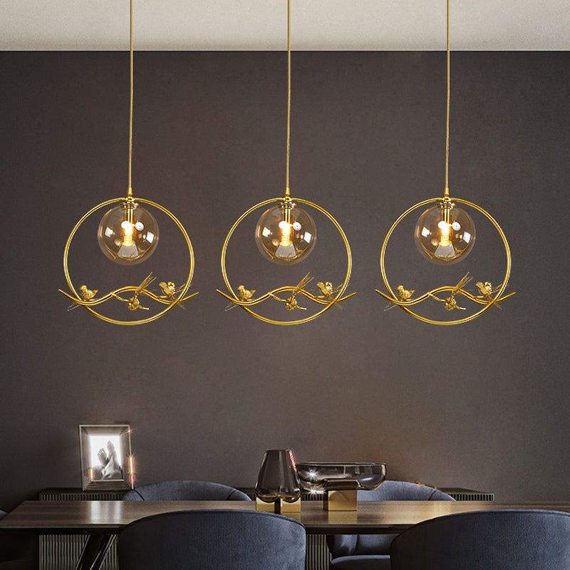 Mid-Century Brass Ring Pendant Ceiling Lamp with Amber/Smoke Grey Glass Shade and Bird Deco