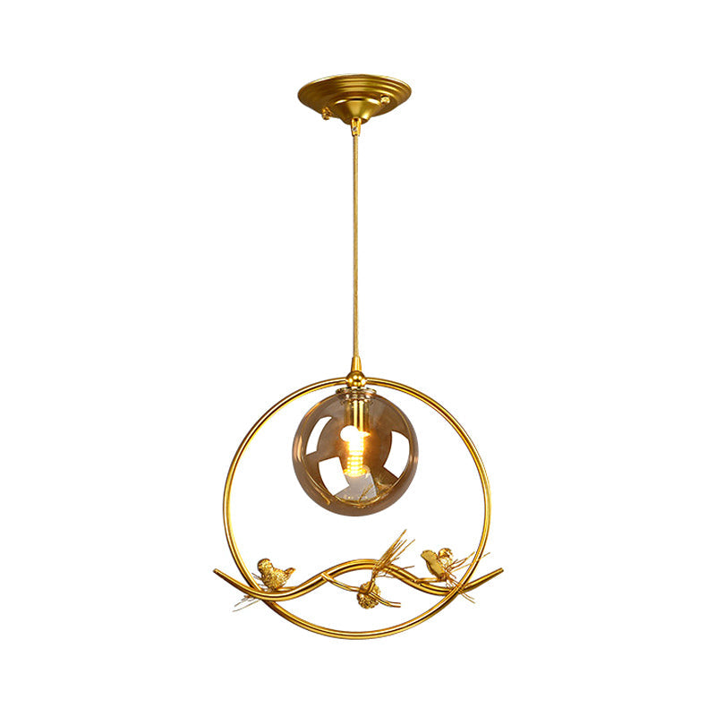 Mid-Century Brass Ring Pendant Ceiling Lamp with Amber/Smoke Grey Glass Shade and Bird Deco