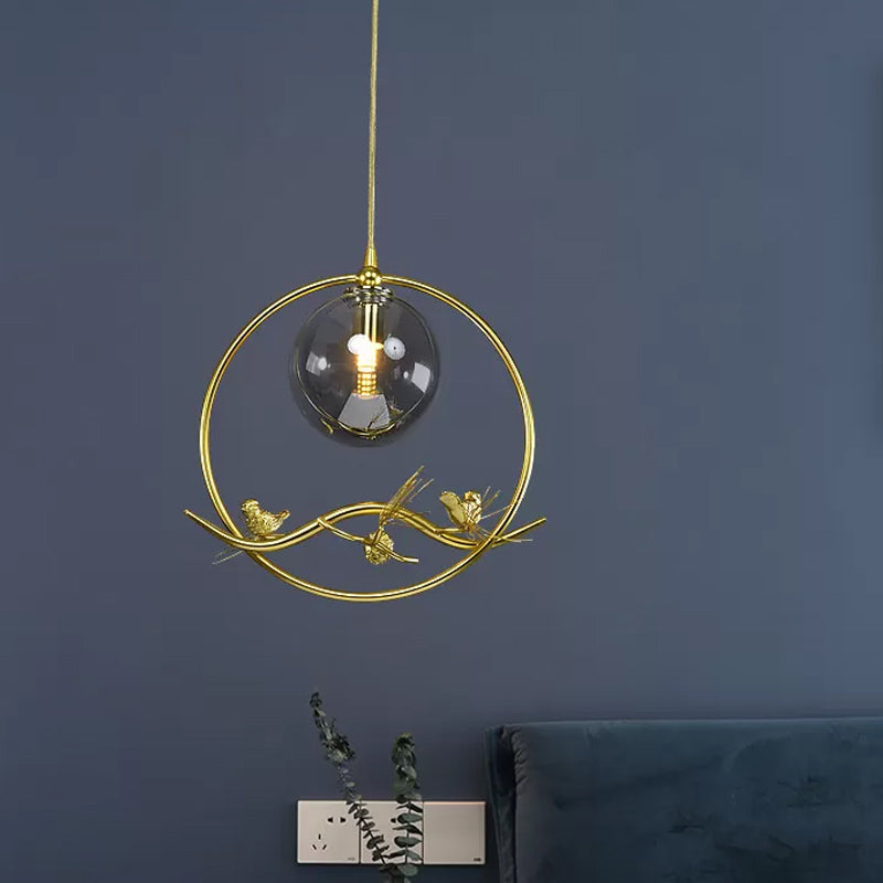 Mid-Century Single Bulb Brass Ring Pendant Ceiling Lamp With Amber/Smoke Grey Glass Shade And Bird