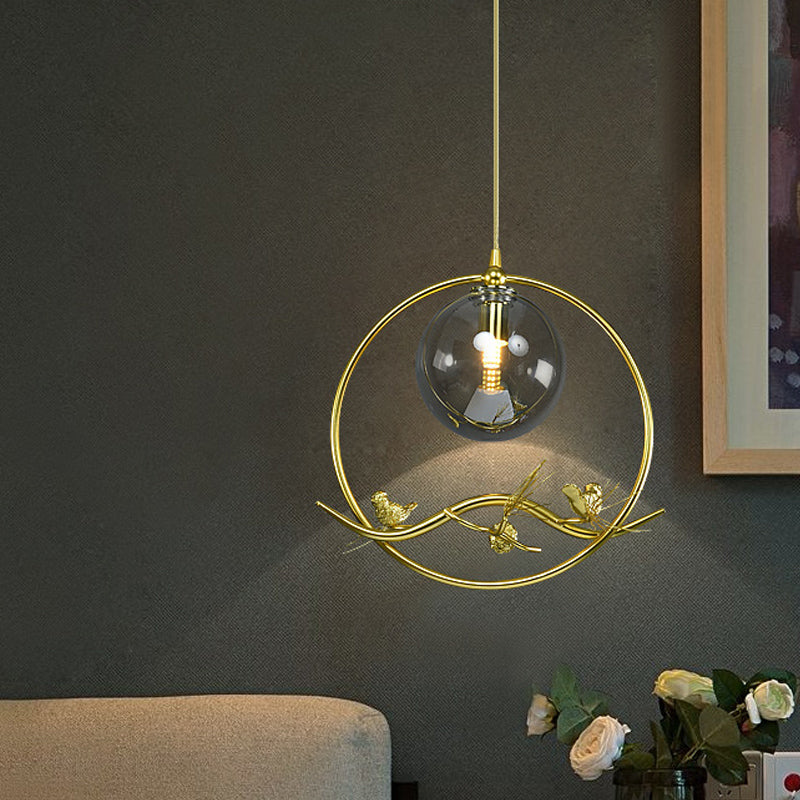 Mid-Century Single Bulb Brass Ring Pendant Ceiling Lamp With Amber/Smoke Grey Glass Shade And Bird