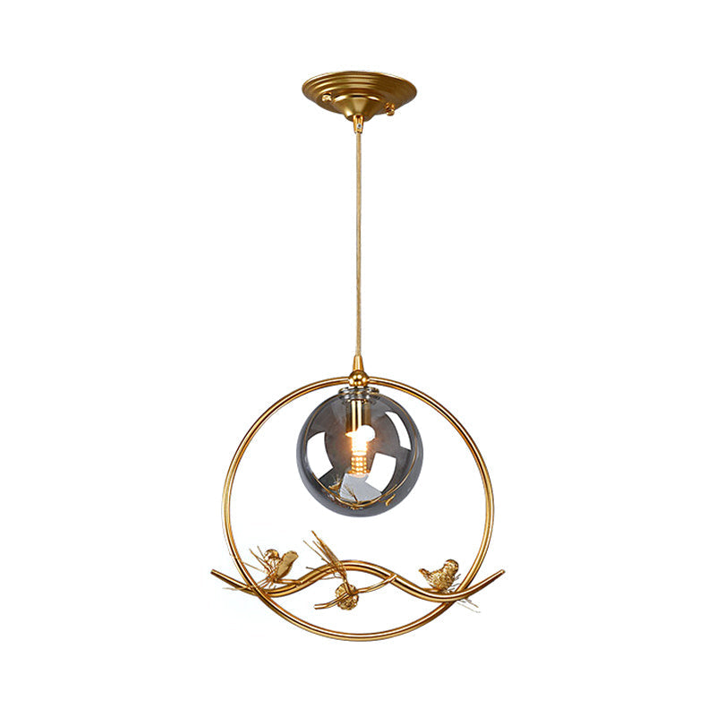 Mid-Century Brass Ring Pendant Ceiling Lamp with Amber/Smoke Grey Glass Shade and Bird Deco