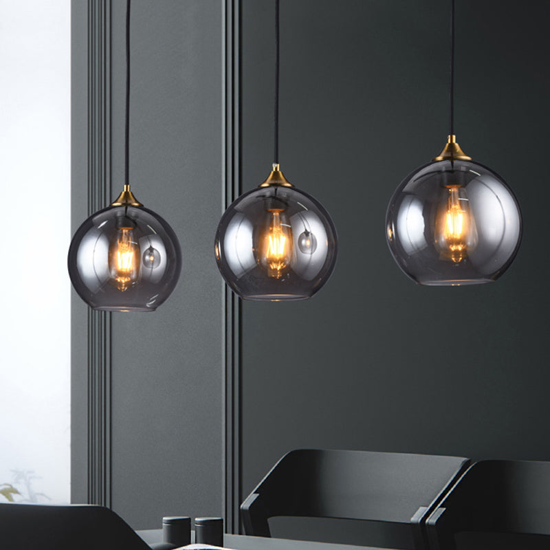 Retro Smoke Grey Glass Dome Shade Pendant Light Fixture Suspended Brass Lighting