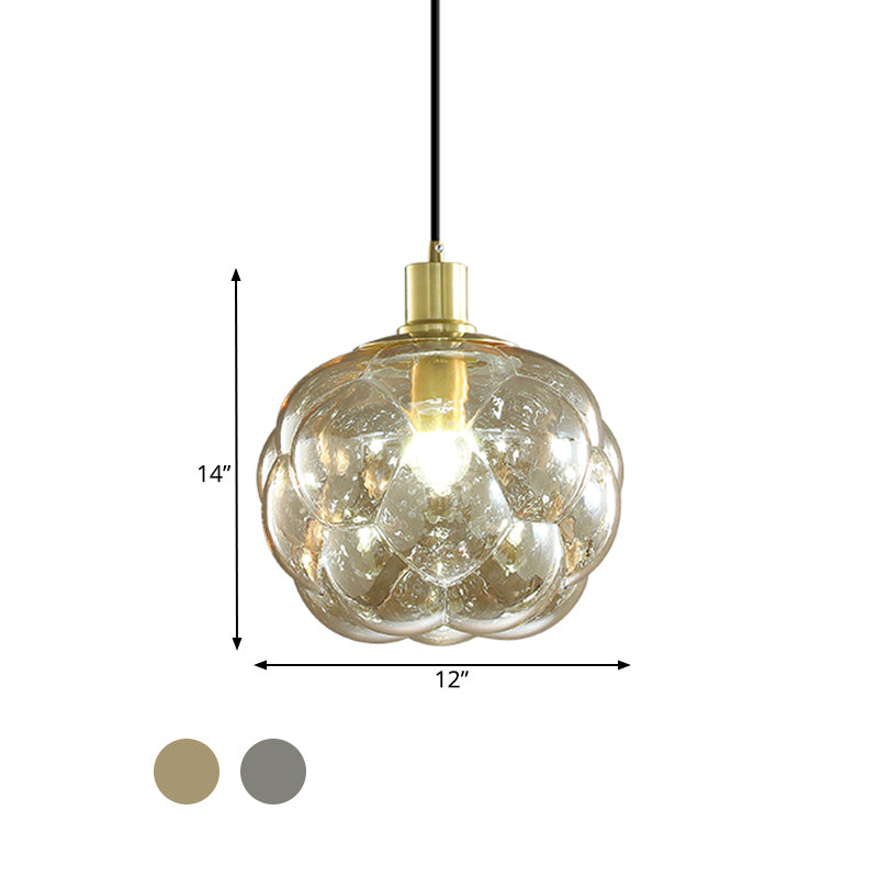 Minimalistic Swelling Globe Pendant - Smoky Grey/Amber Glass Single Bedside Light Fixture