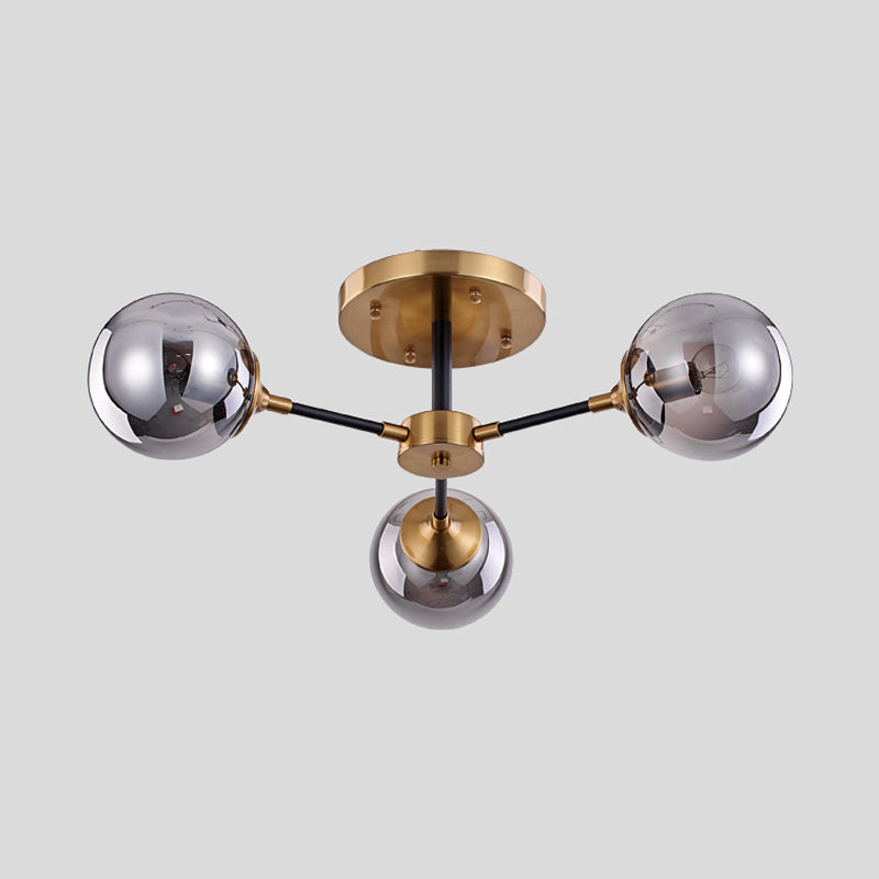 Postmodern Radial Smoke Glass Semi Flush Ceiling Chandelier - Brass & Black - 3/6 Heads