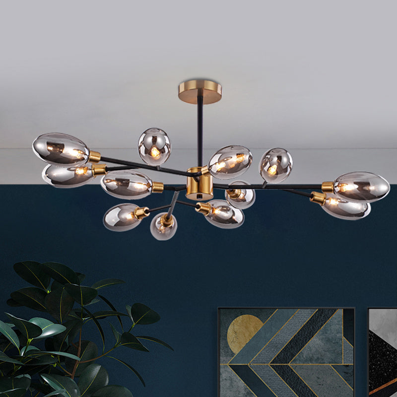Vintage Brass Semi Mount Close to Ceiling Light with Smoke Grey Glass Shade - 12-Bulb Parlor Lighting