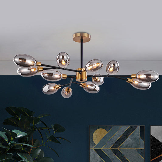 Vintage Brass Semi Mount Close to Ceiling Light with Smoke Grey Glass Shade - 12-Bulb Parlor Lighting