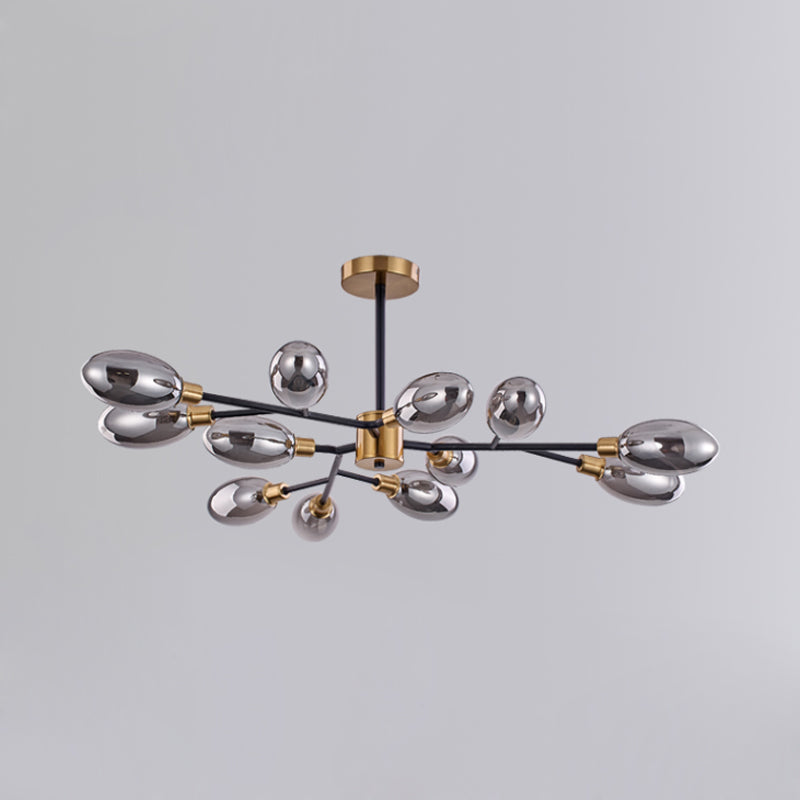 Vintage Brass Semi Mount Close to Ceiling Light with Smoke Grey Glass Shade - 12-Bulb Parlor Lighting