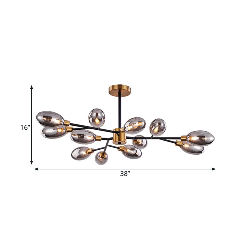 Vintage Brass Semi Mount Close to Ceiling Light with Smoke Grey Glass Shade - 12-Bulb Parlor Lighting