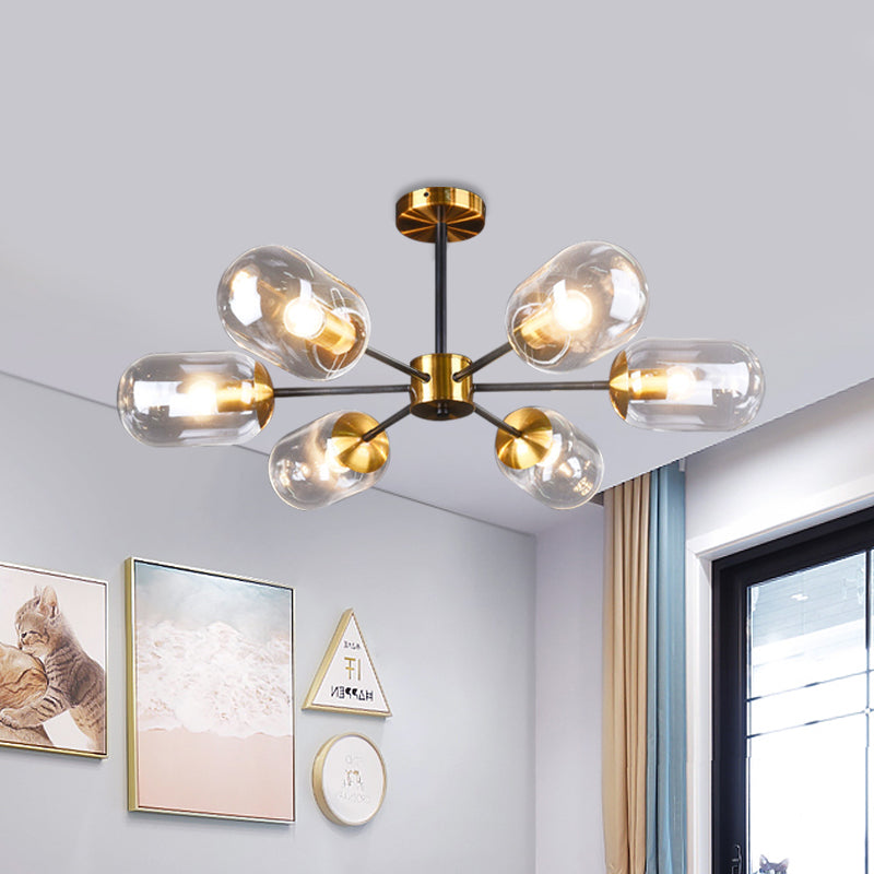 Plafonnier élégant postmoderne à 6 lampes en verre et laiton pour table à manger