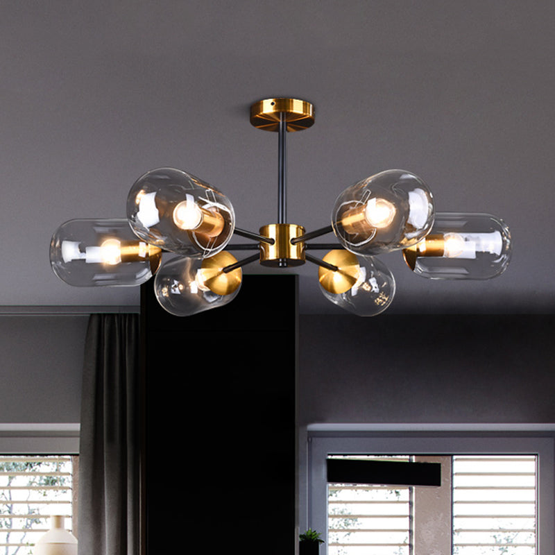 Plafonnier élégant postmoderne à 6 lampes en verre et laiton pour table à manger
