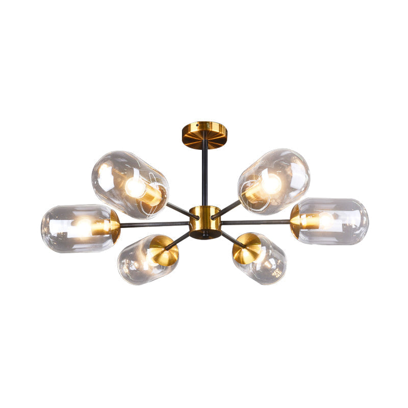 Plafonnier élégant postmoderne à 6 lampes en verre et laiton pour table à manger