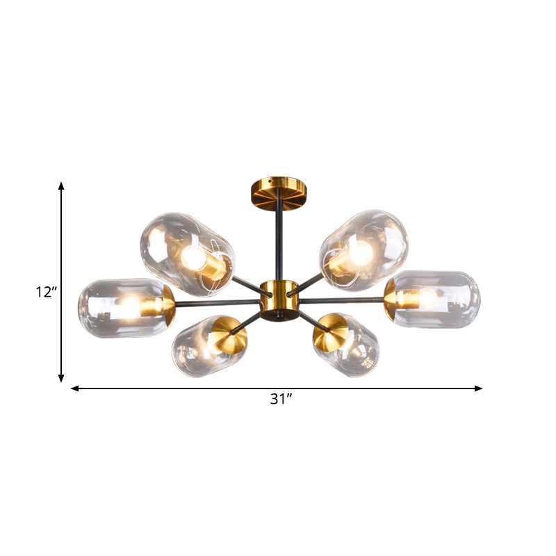 Plafonnier élégant postmoderne à 6 lampes en verre et laiton pour table à manger