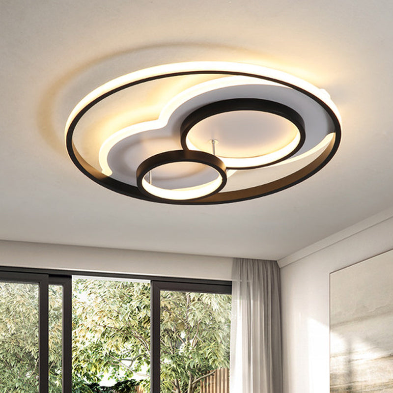 Modern Black LED Flush Mount Ceiling Lamp with Multi-Ring Acrylic Design in Warm/White Light - 16"/19.5" Width