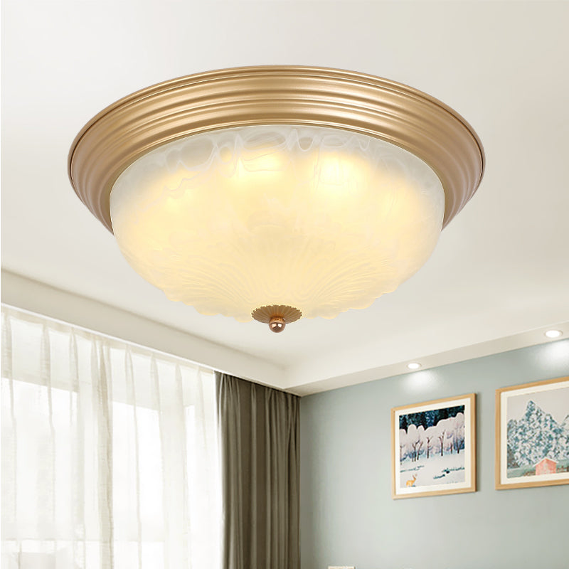 Colonial White Glass Bowl Flush Mount Ceiling Light with Gold Finish - 2/3 Heads, 16"/19.5" Width