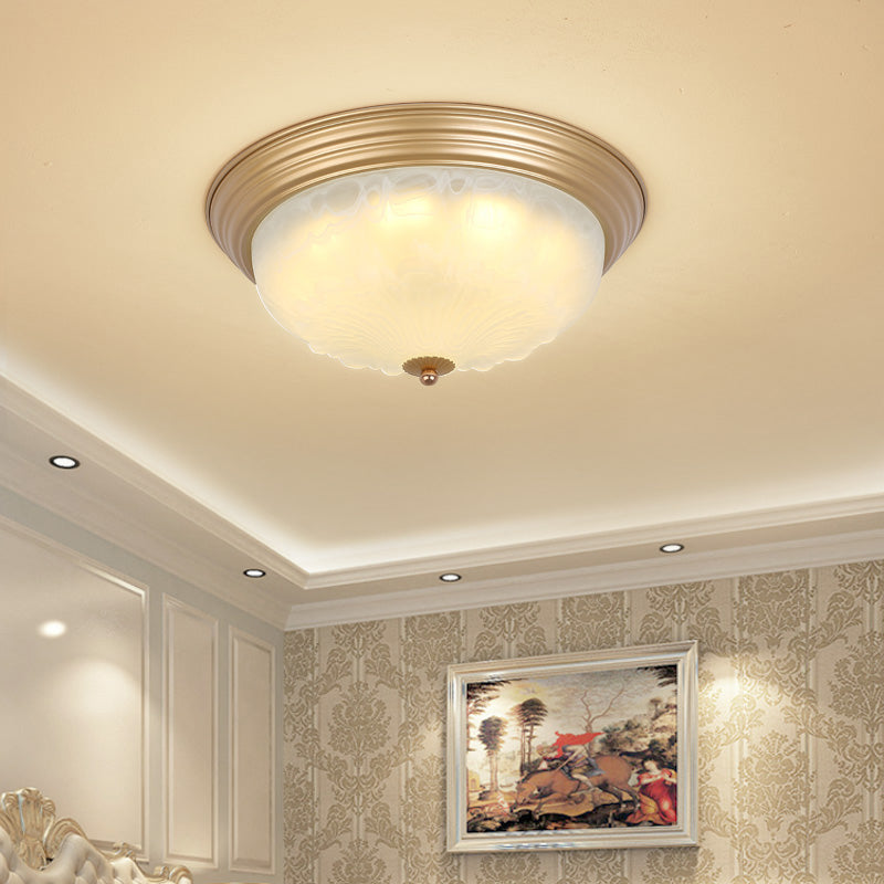 Colonial White Glass Bowl Flush Mount Ceiling Light with Gold Finish - 2/3 Heads, 16"/19.5" Width