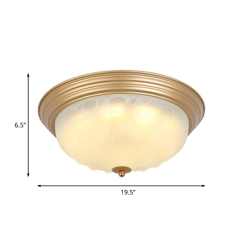 Colonial White Glass Bowl Flush Mount Ceiling Light with Gold Finish - 2/3 Heads, 16"/19.5" Width