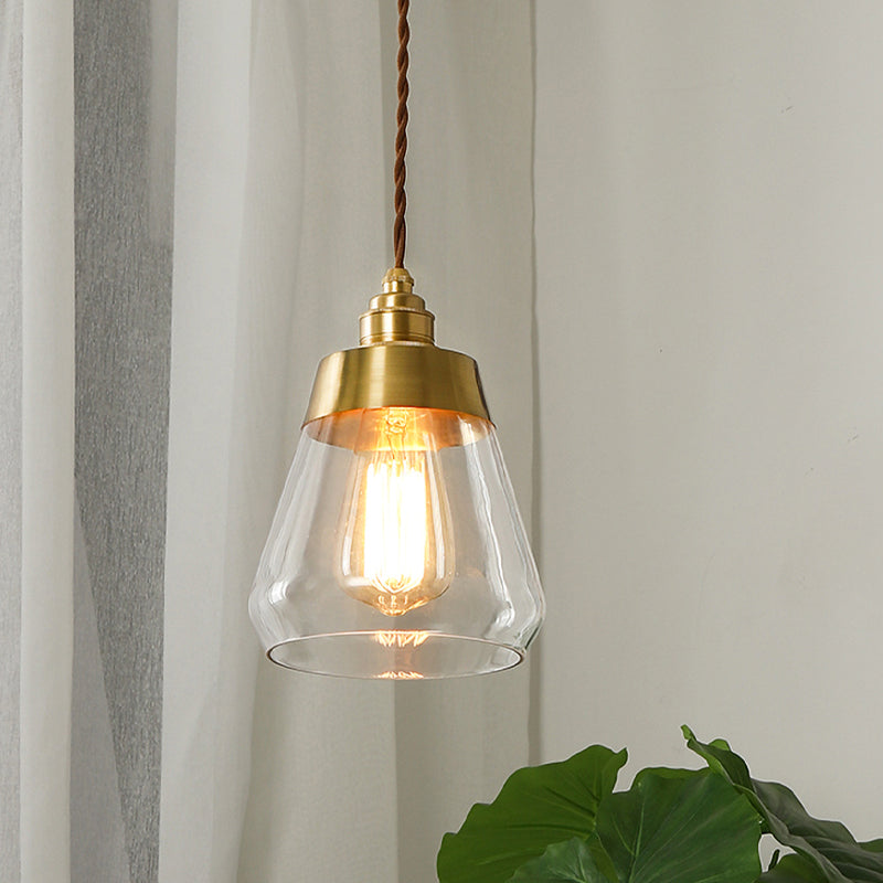 Gold Colonial Pendant Lamp With Cone Glass Shade - 1 Bulb Down Lighting For Restaurants