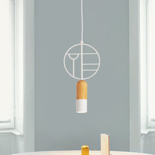 Nordic Chalk Wood Hanging Light Pendant - Single Head Ceiling Lamp in White with Wired Round Decor
