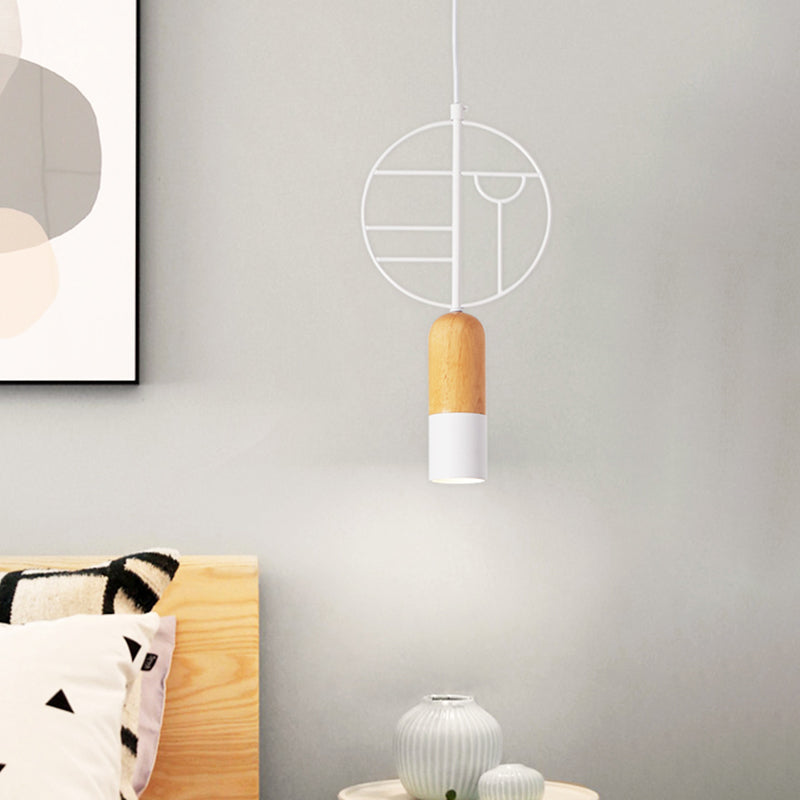 Nordic Chalk Wood Hanging Light Pendant - Single Head Ceiling Lamp in White with Wired Round Decor