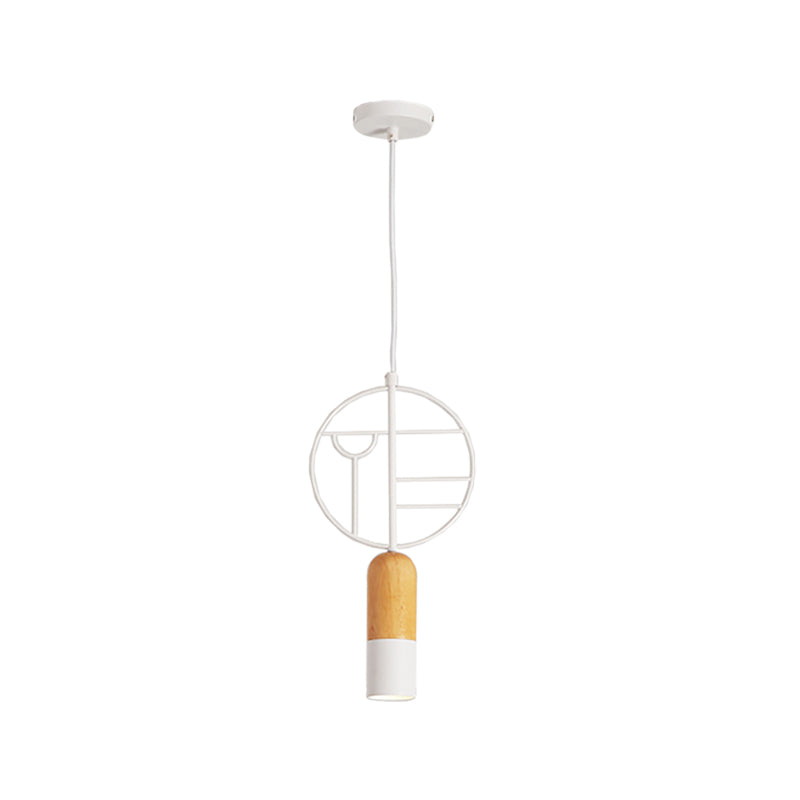 Nordic Chalk Wood Hanging Light Pendant - Single Head Ceiling Lamp in White with Wired Round Decor