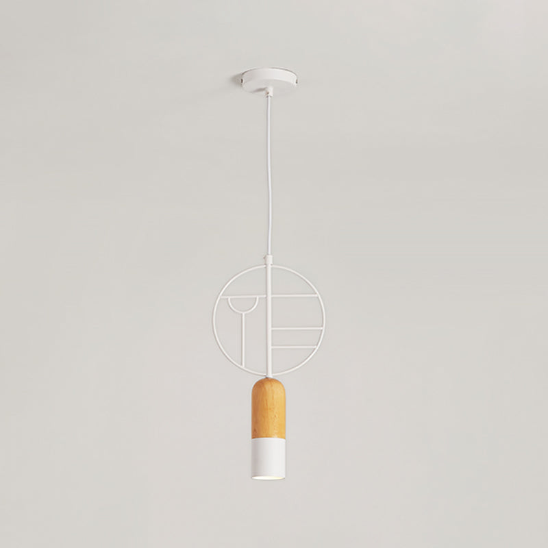 Nordic Chalk Wood Hanging Light Pendant - Single Head Ceiling Lamp in White with Wired Round Decor