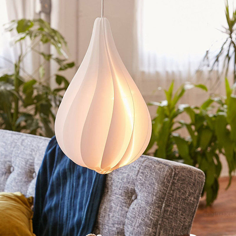 Sleek Ribbed Droplet Pendant LED Light Kit: Modern Acrylic White Hanging Light for Living Room