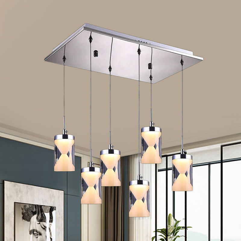 Lampe suspendue à LED moderniste – Design cylindrique chromé (6 ampoules) – Lampe suspendue multiple en acrylique blanc chaud avec shaker à cocktail