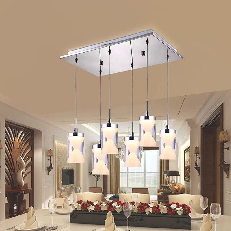Lampe suspendue à LED moderniste – Design cylindrique chromé (6 ampoules) – Lampe suspendue multiple en acrylique blanc chaud avec shaker à cocktail