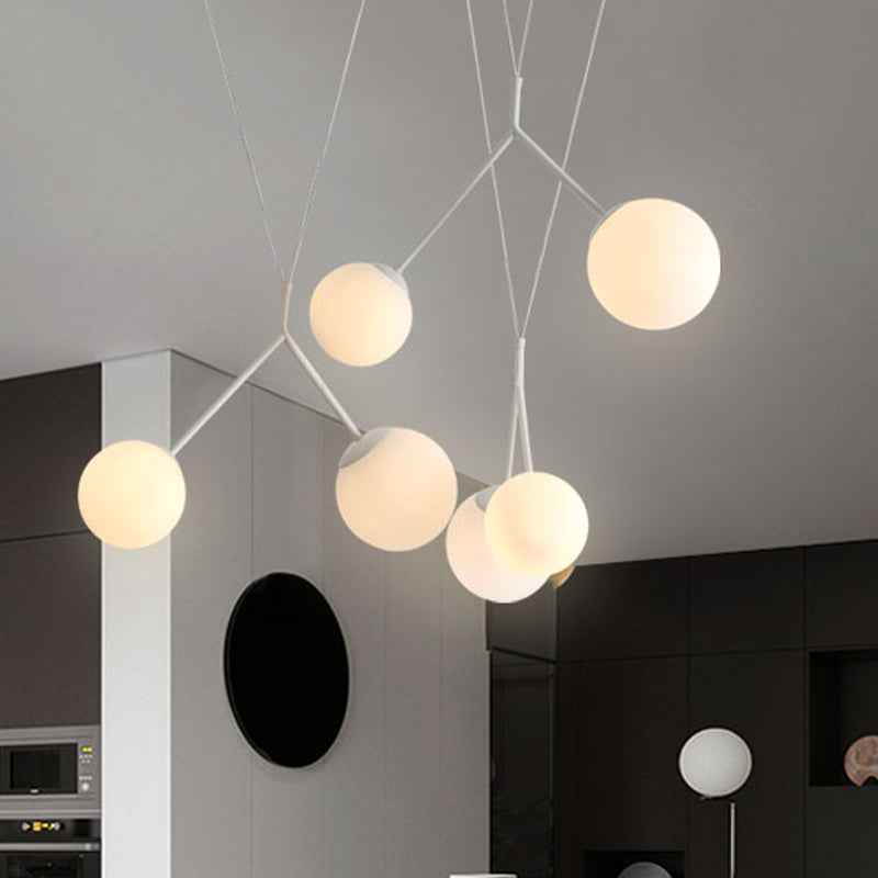 6-Light Modern Opaline Glass Hanging Light With Orb Shade - White Matte Finish