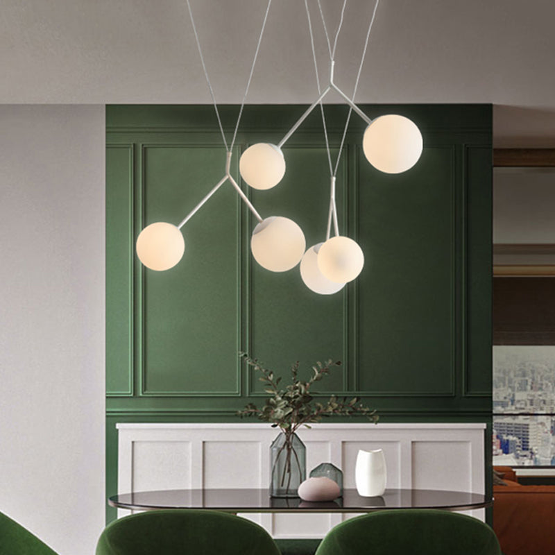 Opaline Matte Glass Multi-Pendant Hanging Light - Modern 6 Lights - White Intertwined Design with Orb Shade