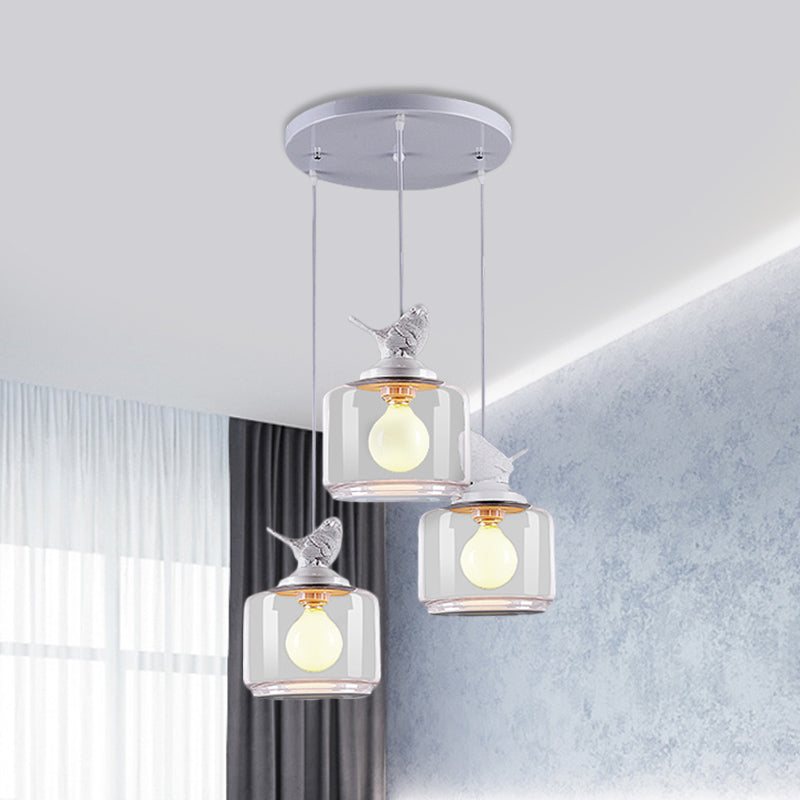 Clear Glass Pendant Lighting Nordic Style - 3 Bulbs, White Multi Light Ceiling Fixture with Resin Bird Top