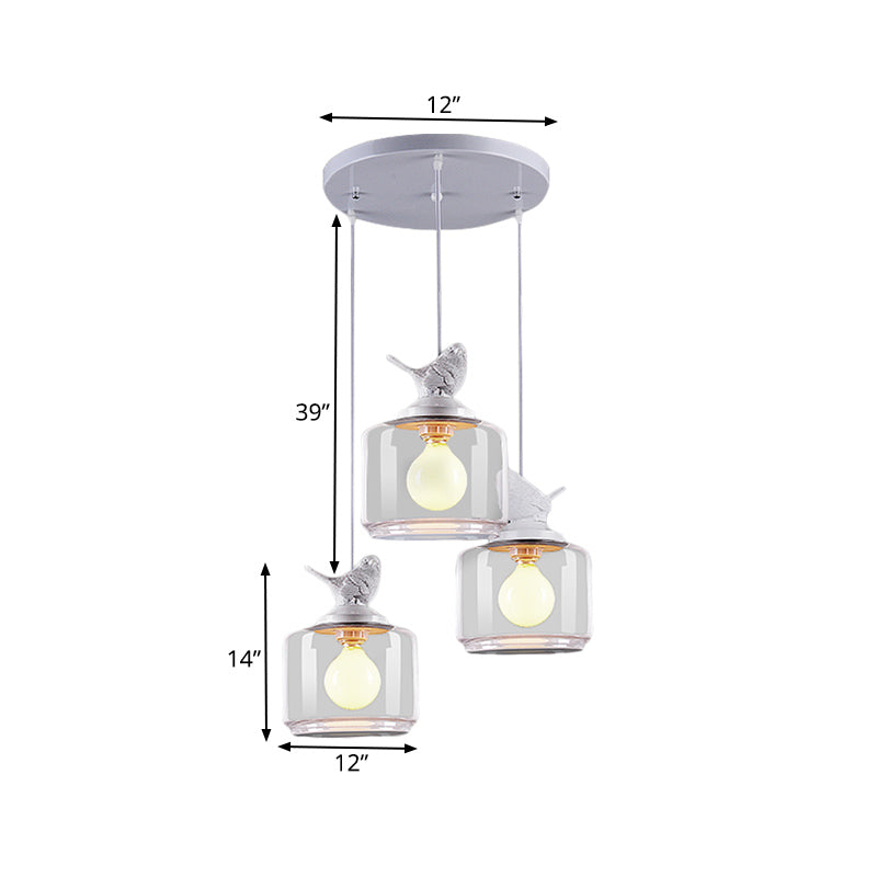 Clear Glass Pendant Lighting Nordic Style - 3 Bulbs, White Multi Light Ceiling Fixture with Resin Bird Top