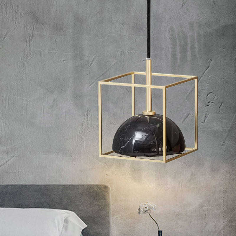 Mid Century Small Dome Hanging Light Kit - Marble 1-Head Pendant with Black/Green Ceiling & Gold Cubic Wire Cage Guard