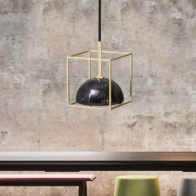 Mid Century Small Dome Hanging Light Kit - Marble 1-Head Pendant with Black/Green Ceiling & Gold Cubic Wire Cage Guard