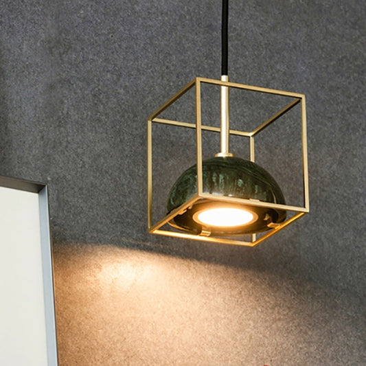 Mid Century Small Dome Hanging Light Kit - Marble 1-Head Pendant with Black/Green Ceiling & Gold Cubic Wire Cage Guard