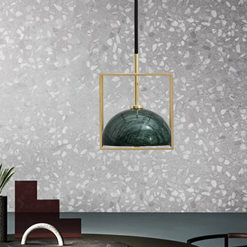 Mid Century Small Dome Hanging Light Kit - Marble 1-Head Pendant with Black/Green Ceiling & Gold Cubic Wire Cage Guard