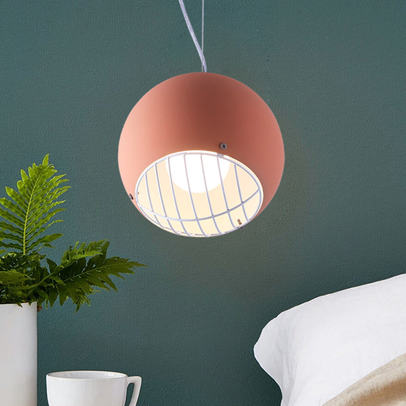 Mini Dome Macaron Pendant Light In Pink With Wire Guard - Aluminum Ceiling Lamp For Bedside