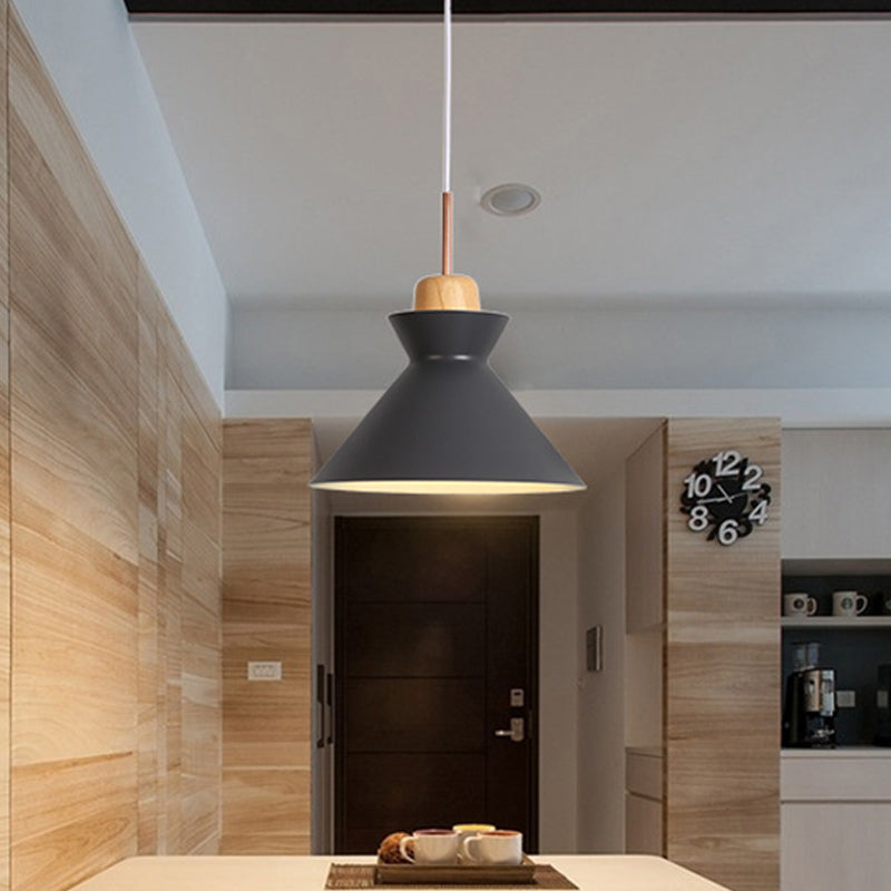 Nordic Funnel Dining Table Pendant - Grey Aluminum with Wood Cork Accent