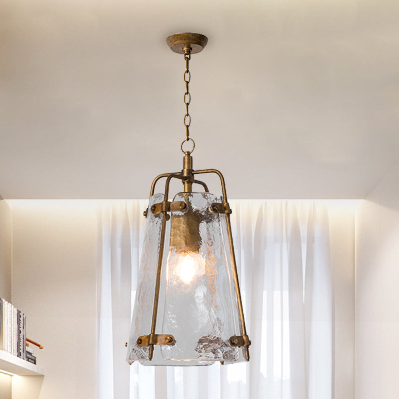 Gold Metal Cage Pendant Light With Clear Ripple Glass - Traditional Conical Design 1 Bulb
